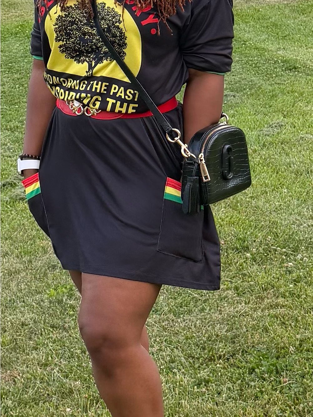 Black Graphic Pocket Tee Dress with Red & Green Trim